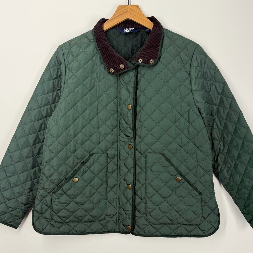 Lands' End Womens Quilted Barn Jacket Corduroy Collar Green Size M/P